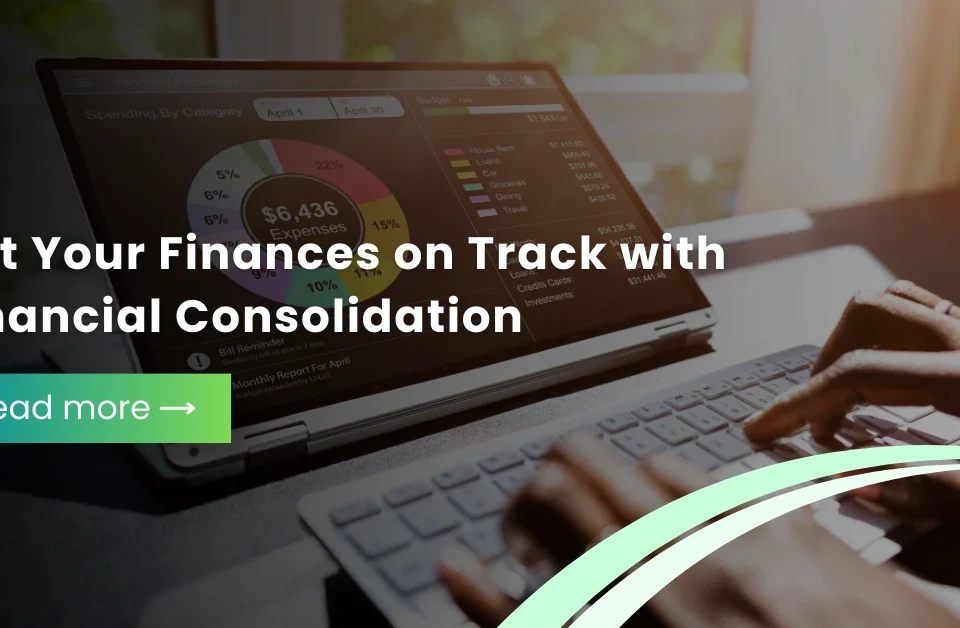 Financial consolidation dashboard on laptop screen showing charts and expense analysis for finance management