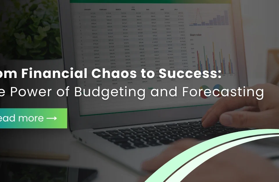 Budgeting and forecasting dashboard on laptop showing financial data, charts, and performance analysis