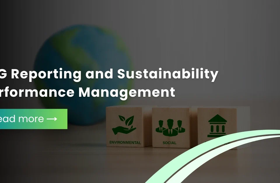 ESG reporting and sustainability performance management concept showing environmental, social, and governance icons