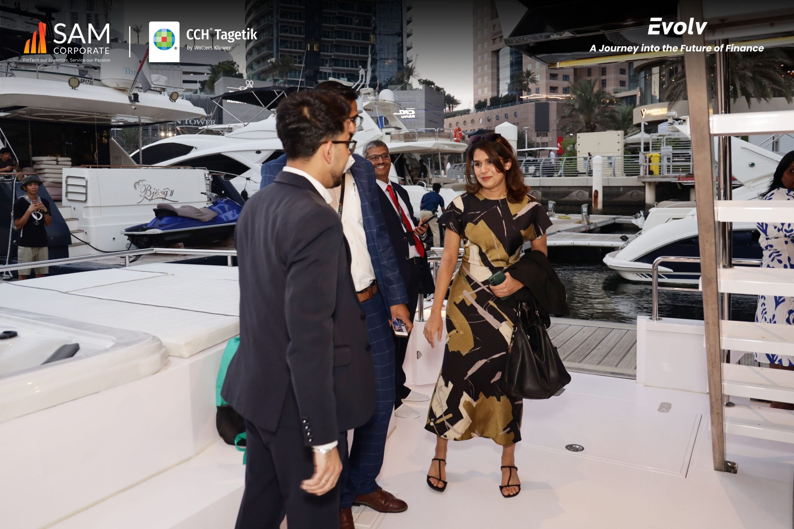 Evolv event guests arriving on the SAM Corporate CCH Tagetik yacht deck in Dubai Marina.