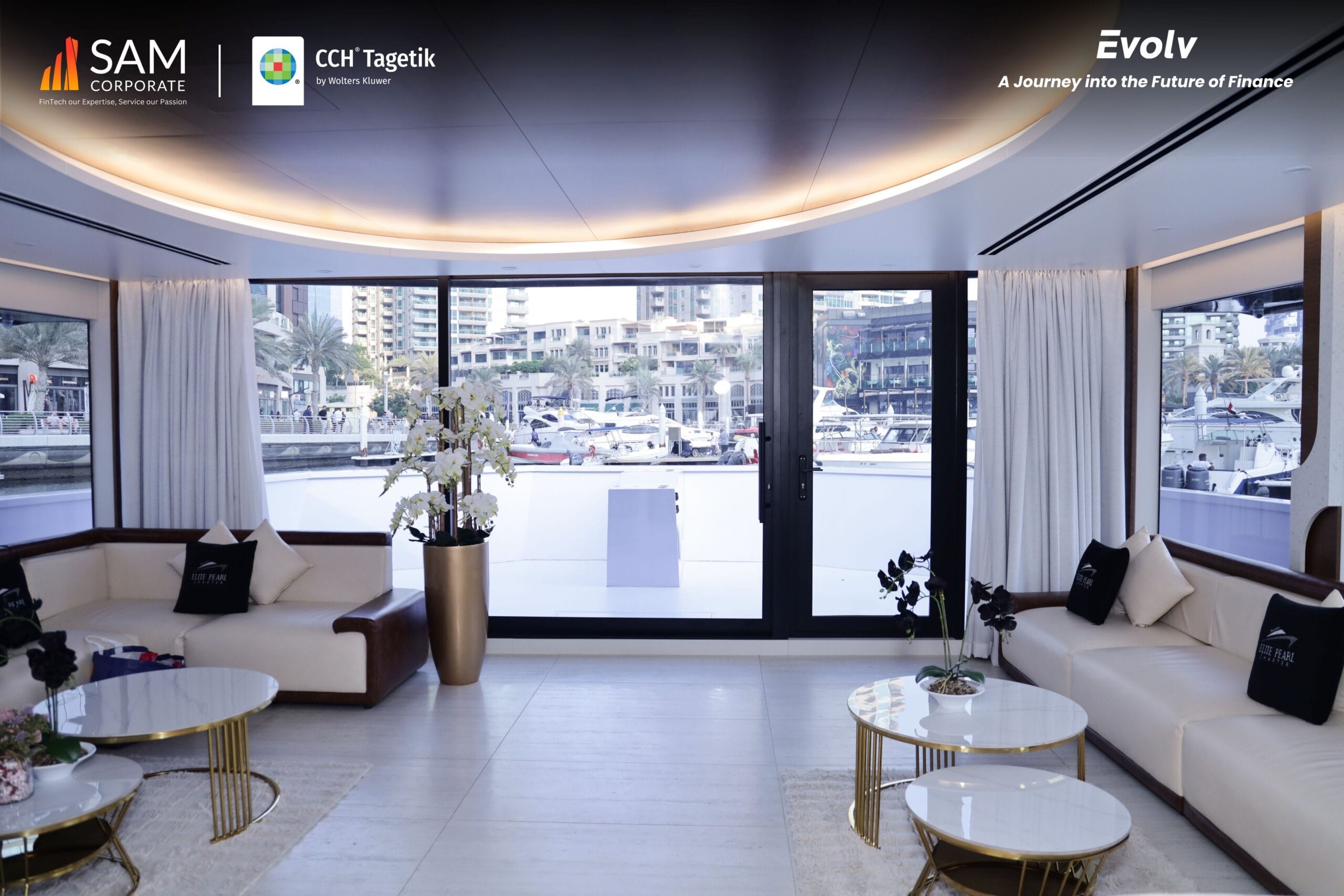 Bright, modern interior and harbor view of the yacht for the Evolv event by SAM Corporate and CCH Tagetik.