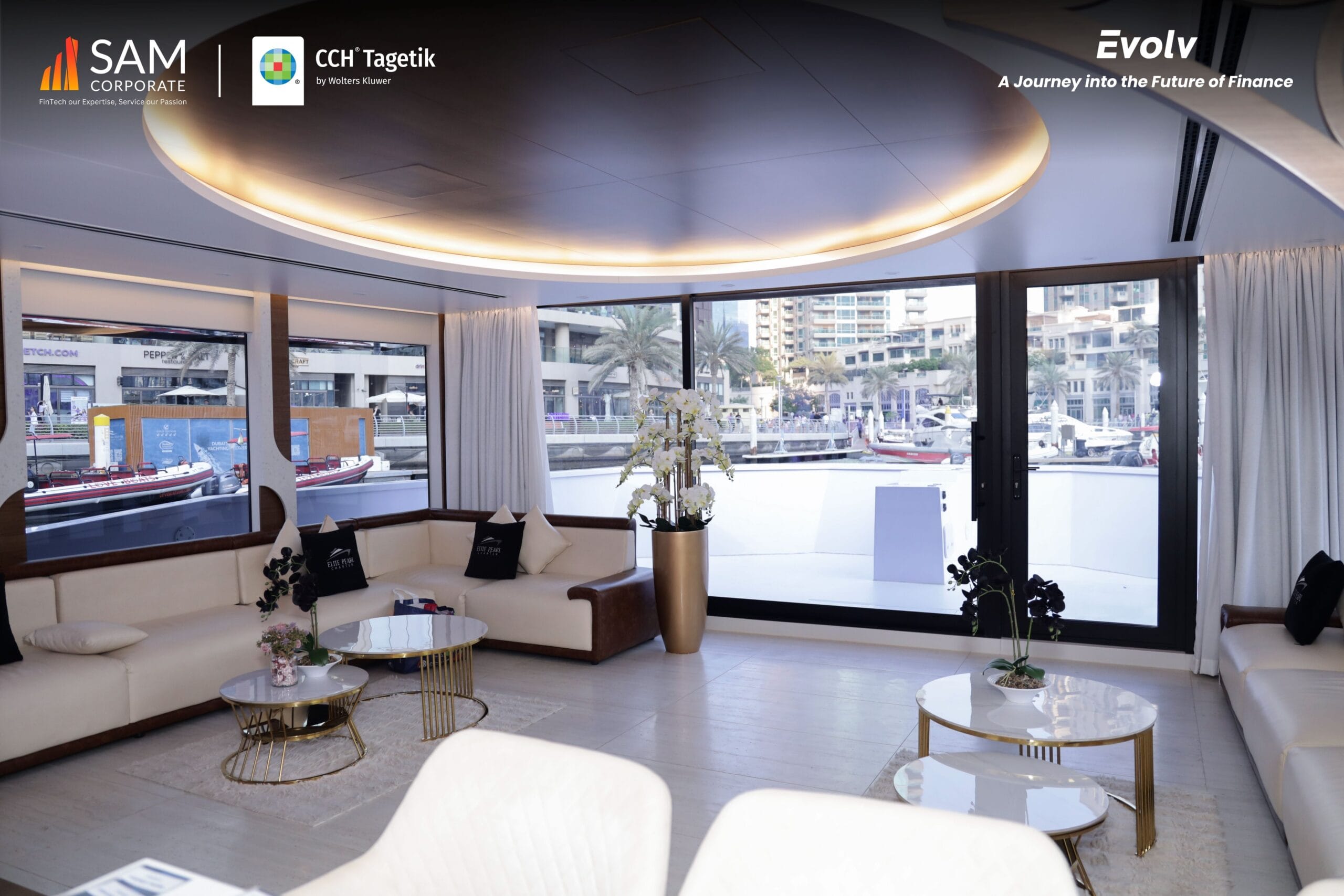 Luxury interior and harbor view from the yacht hosting the Evolv event by SAM Corporate and CCH Tagetik.