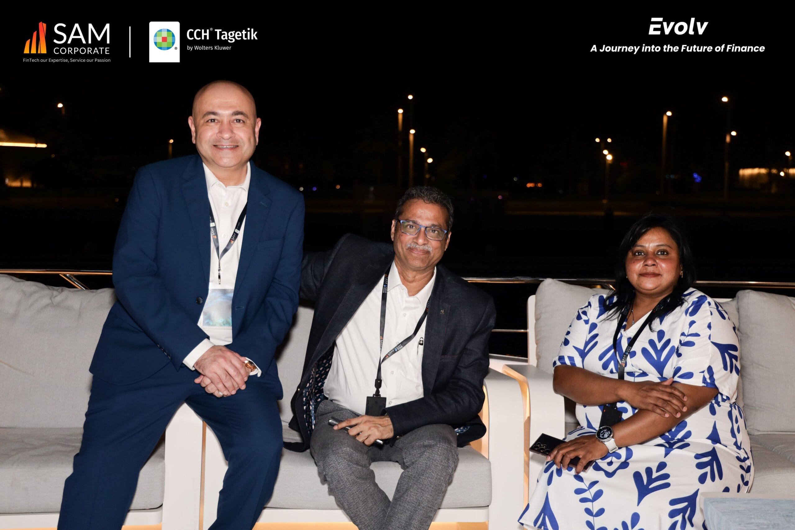 SAM Corporate and CCH Tagetik executives and guests seated on the yacht for professional networking at the Evolv event.