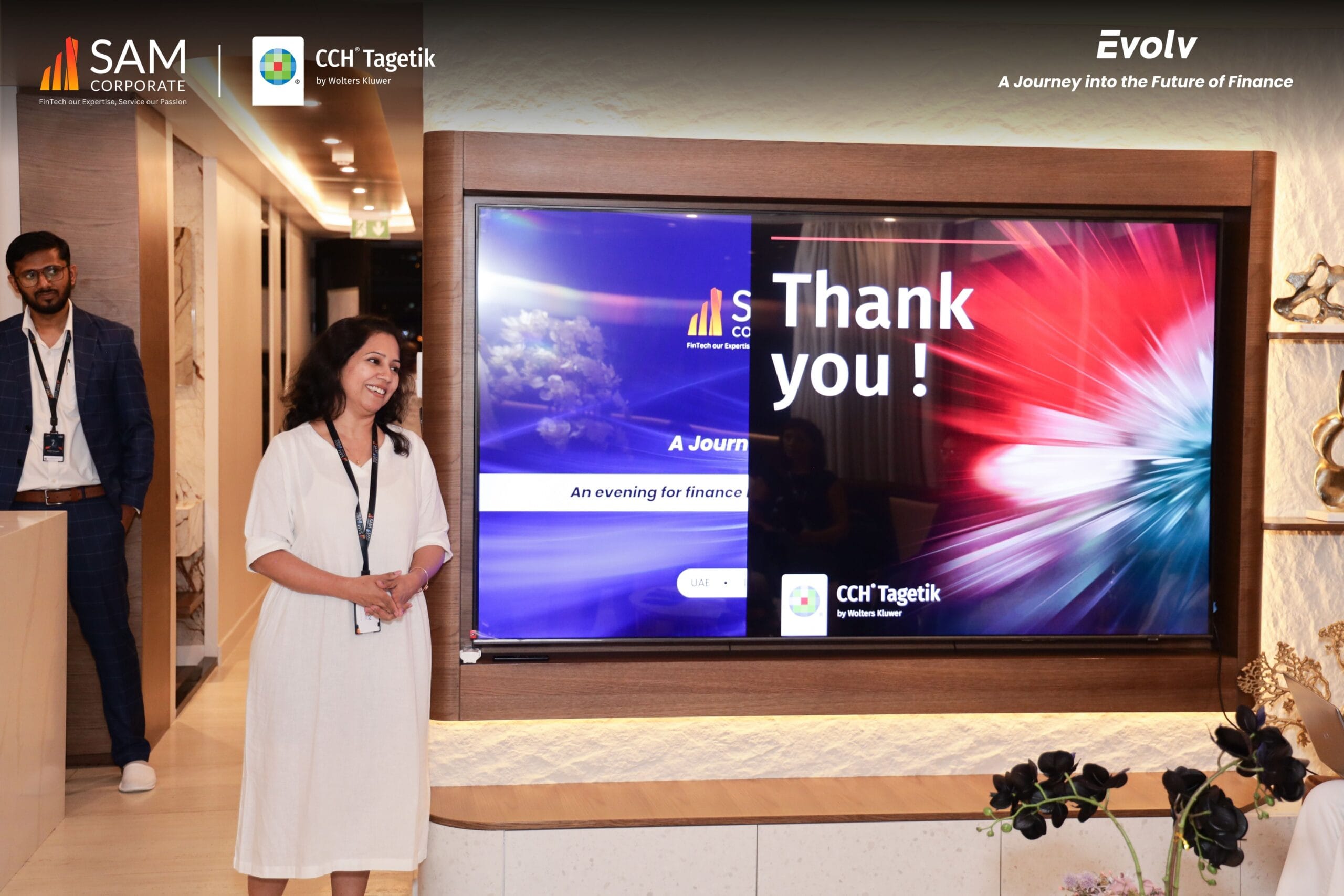 The closing "Thank you" slide for the Evolv finance event, co-hosted by SAM Corporate and CCH Tagetik.