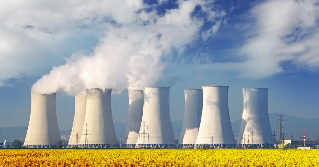 Nuclear power station landscape illustrating sustainable energy and emissions