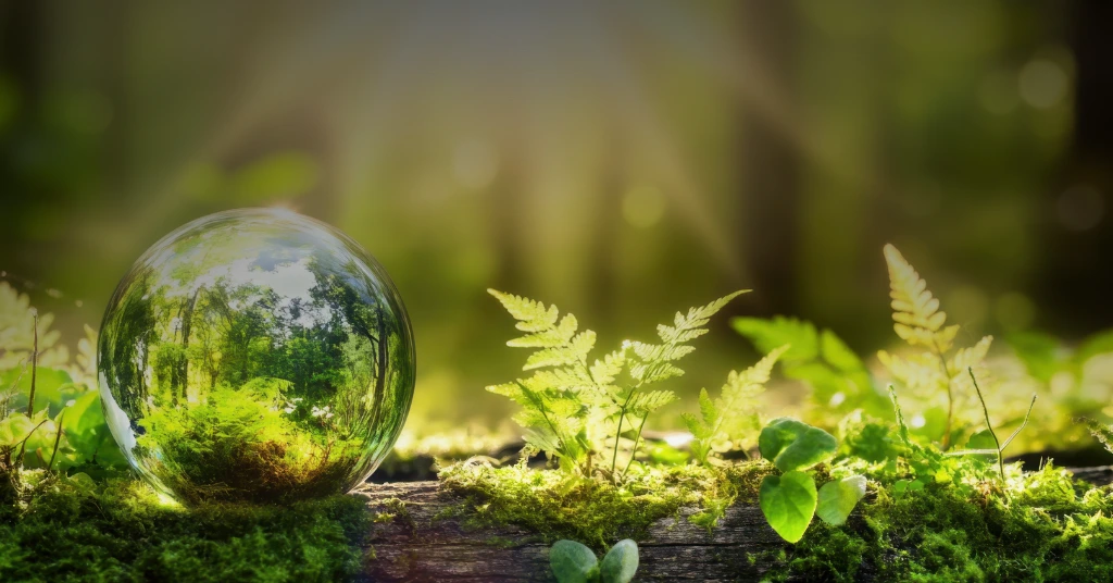 Glass globe on forest floor symbolizing environmental sustainability and climate protection
