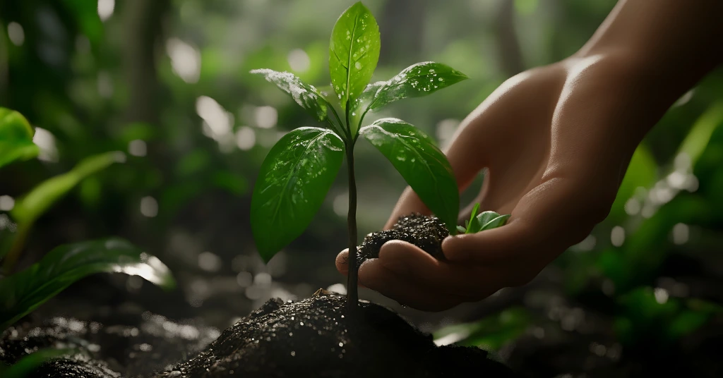 Hand nurturing young plant seedling symbolizing sustainability, environmental care, and responsible growth