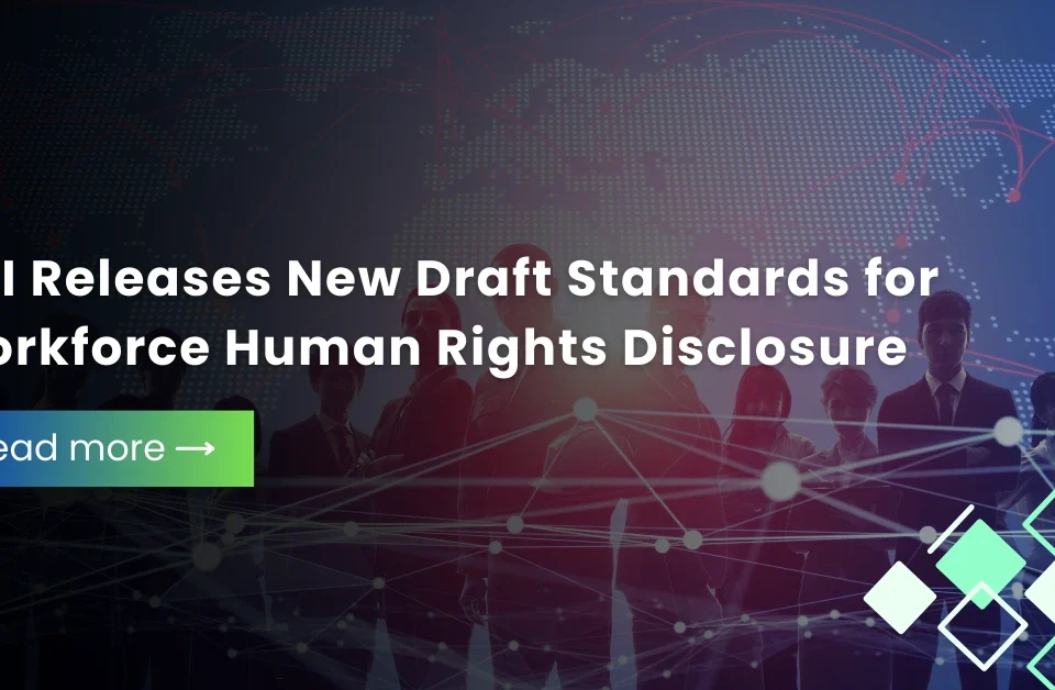 Business silhouettes with global network graphics illustrating GRI’s new draft standards for workforce human rights disclosure