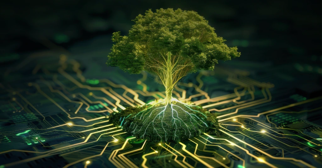 Tree growing from illuminated circuit board symbolizing sustainable technology and green innovation