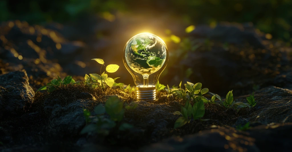 Sustainability concept showing Earth inside a bulb amid green plants