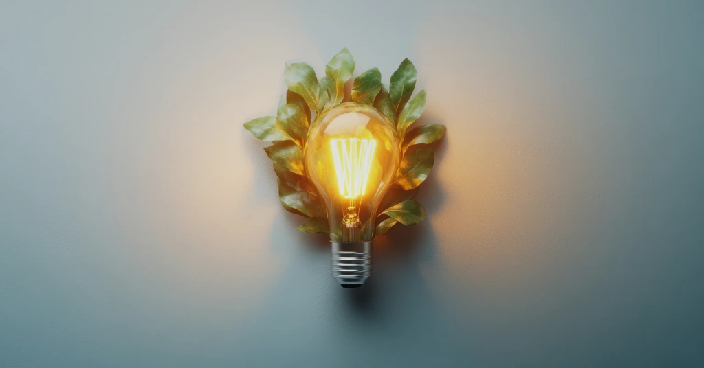 Glowing light bulb surrounded by green leaves symbolizing sustainable innovation and climate responsibility