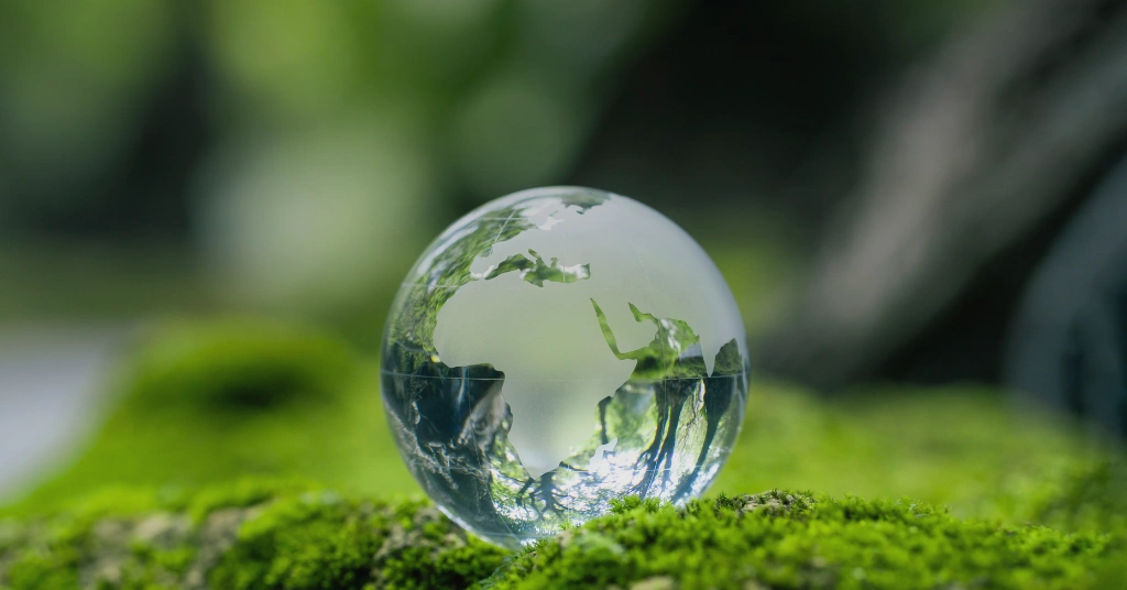Glass globe on green moss symbolizing sustainable finance and private capital investment in environmental growth