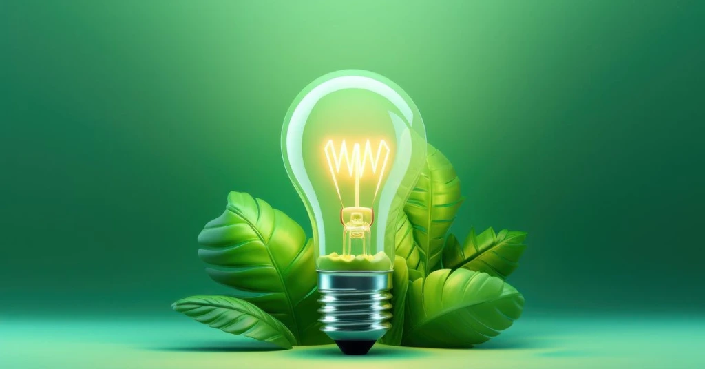 Green light bulb surrounded by leaves symbolizing renewable energy and sustainability
