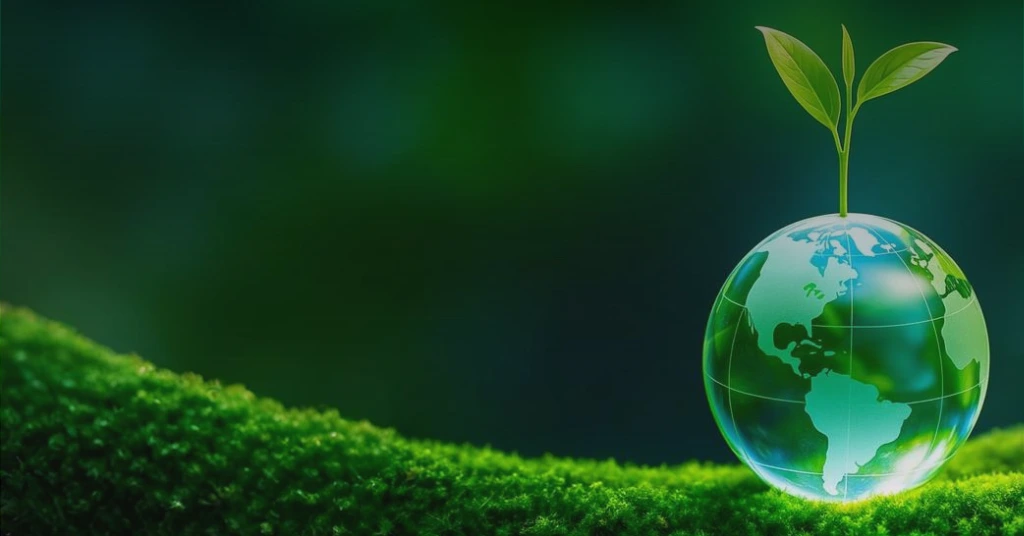 Green globe with growing plant symbolizing climate action, carbon regulation, and sustainable development
