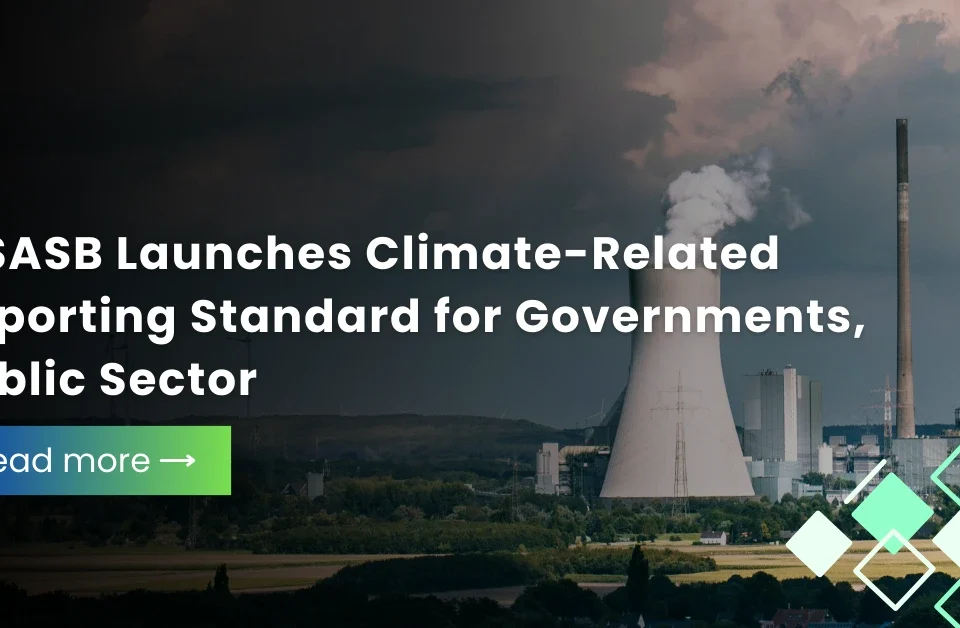 Industrial cooling towers and smokestacks emitting steam and smoke against a blue sky and sunset, with text regarding IPSASB Climate-Related Reporting Standards for the public sector.