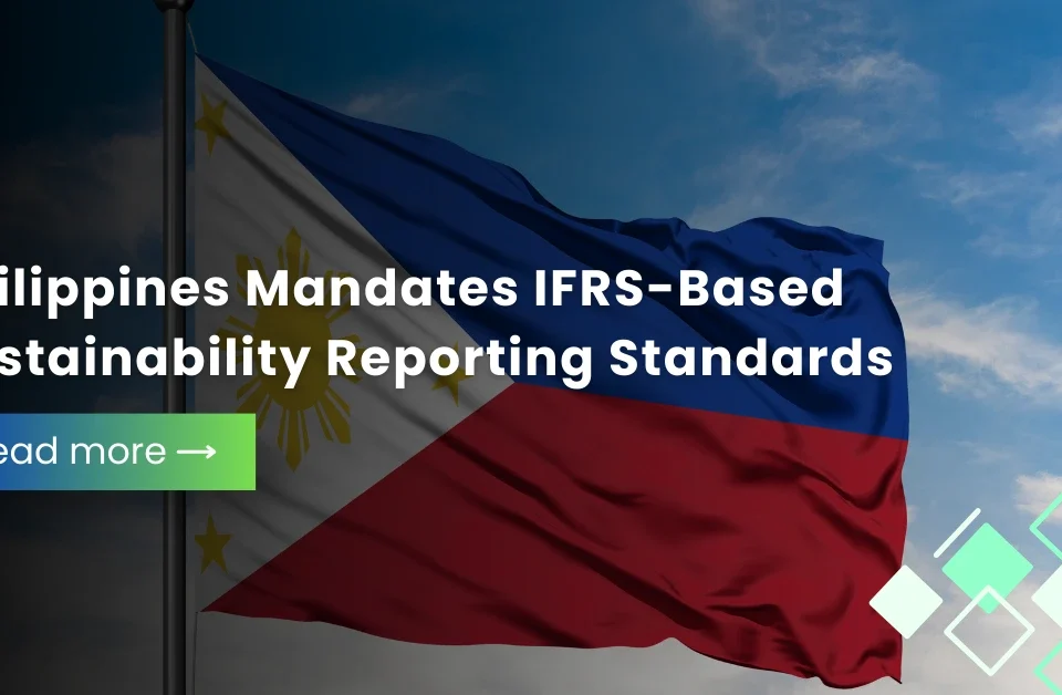 The Philippine national flag waving against a blue sky, featuring text about the mandate for IFRS-based sustainability reporting standards.