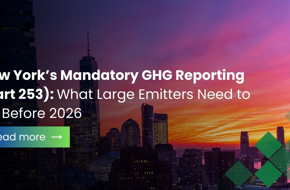 A sunset skyline of New York City featuring the One World Trade Center with text overlay regarding New York's Mandatory GHG Reporting (Part 253) requirements for large emitters before 2026.