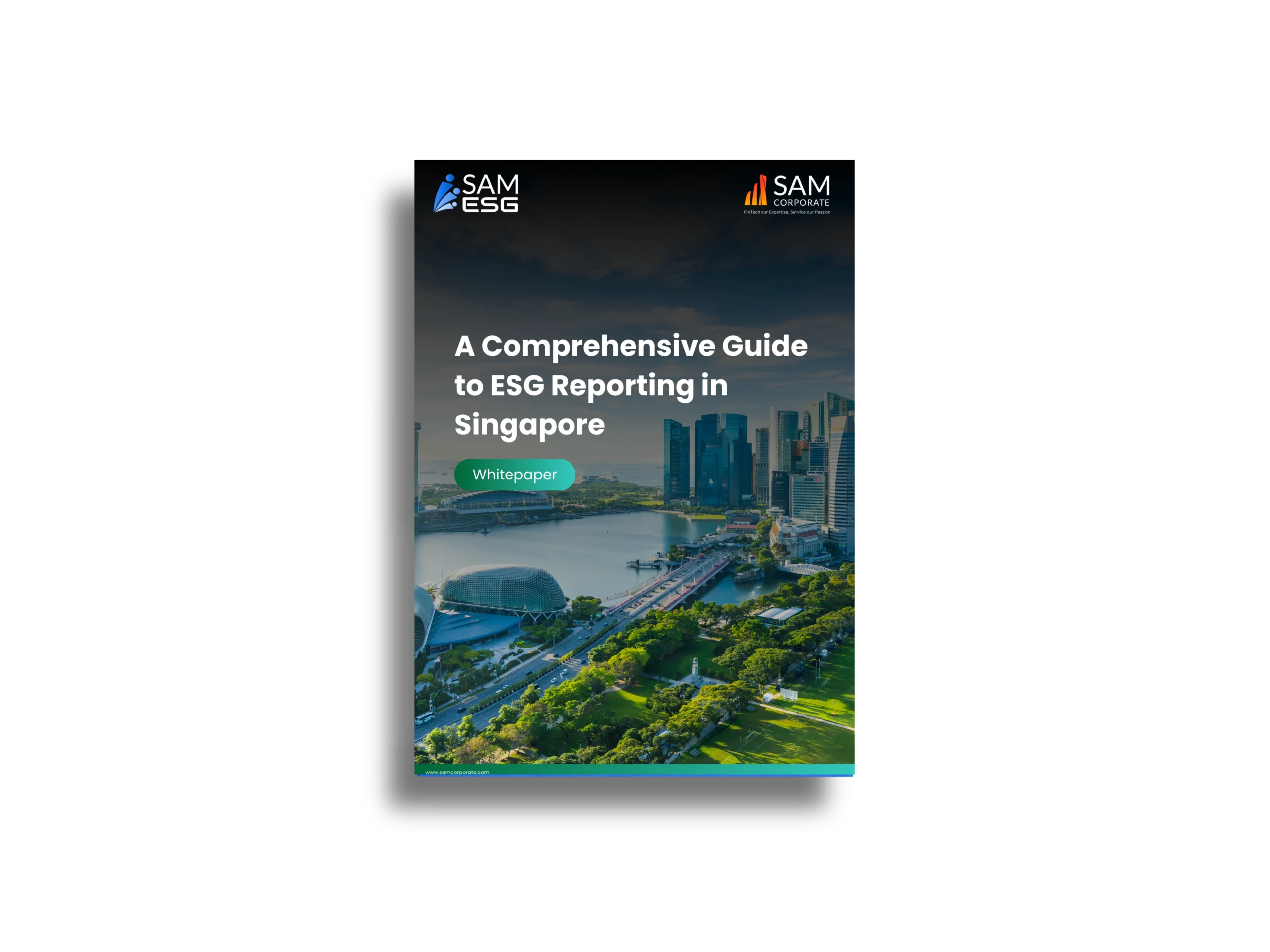 A vertical whitepaper cover titled "A Comprehensive Guide to ESG Reporting in Singapore" featuring the SAM ESG and SAM Corporate logos over an aerial view of the Singapore skyline.