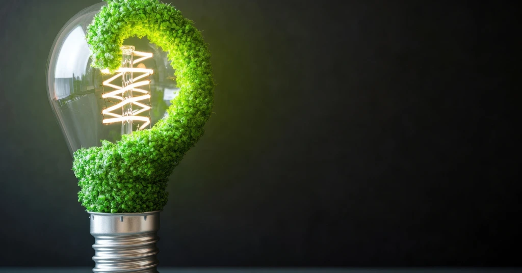 A lightbulb with a filament surrounded by green mossy growth on a dark background, symbolizing eco-friendly energy and sustainable innovation.