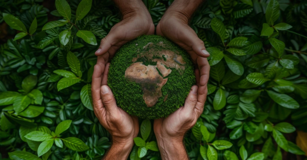 Two pairs of hands carefully holding a small, moss-covered globe representing the Earth amidst lush green foliage to symbolize global environmental protection.