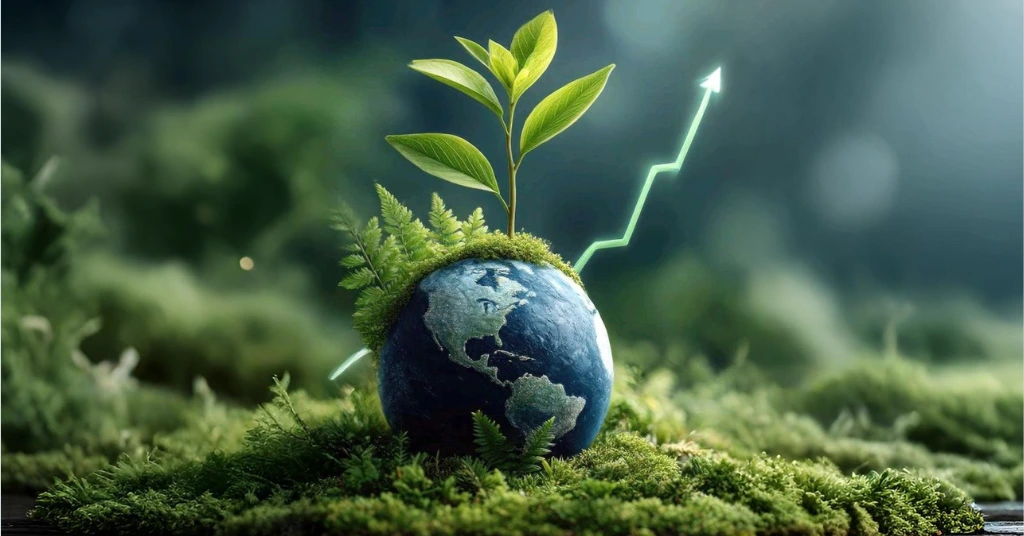A small earth globe resting on green moss with a bright green plant growing out of the top and a rising green arrow indicating sustainability growth.