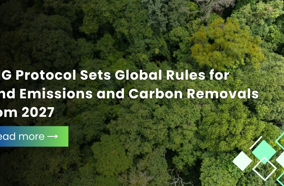 Top-down aerial view of a dense green forest canopy illustrating land emissions and carbon removals under GHG Protocol rules.
