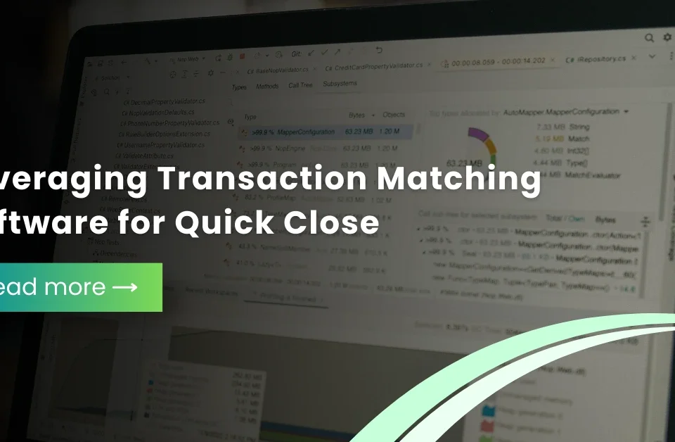 A laptop screen displaying data analytics and code with text overlay reading "Leveraging Transaction Matching Software for Quick Close."