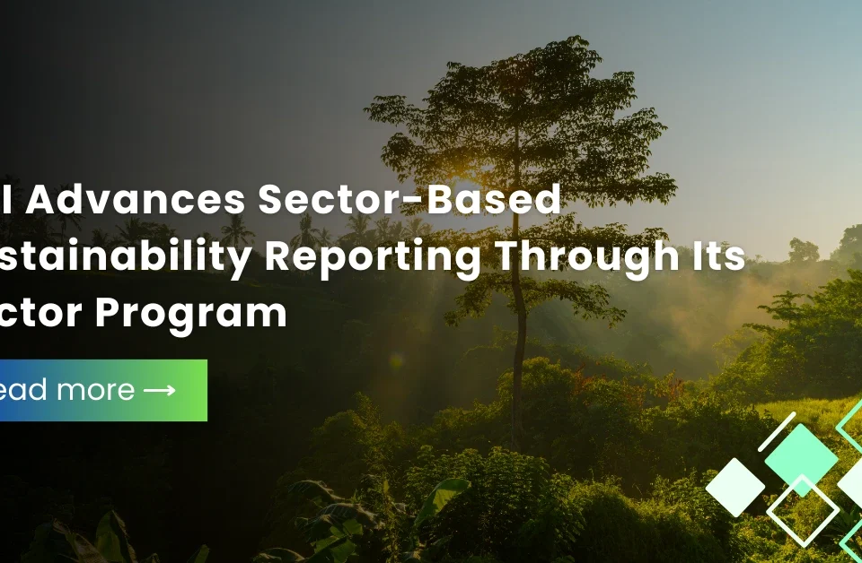 Sun rays filtering through a misty green forest canopy, serving as a background for news about GRI's sector-based sustainability reporting program.