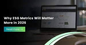 A laptop displaying data charts and analytics with a headline overlay: "Why ESG Metrics Will Matter More in 2026".
