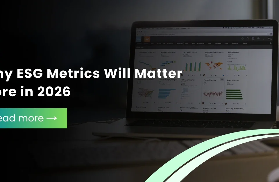 A laptop displaying data charts and analytics with a headline overlay: "Why ESG Metrics Will Matter More in 2026".