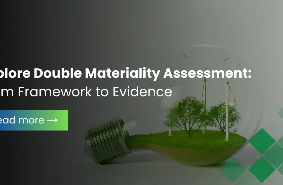 A lightbulb containing wind turbines and trees, illustrating a Double Materiality Assessment framework for sustainability.