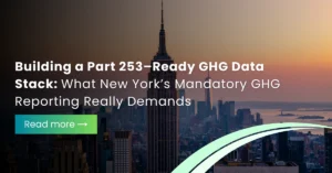 New York skyline background with text regarding Part 253 mandatory GHG reporting and building a GHG data stack.