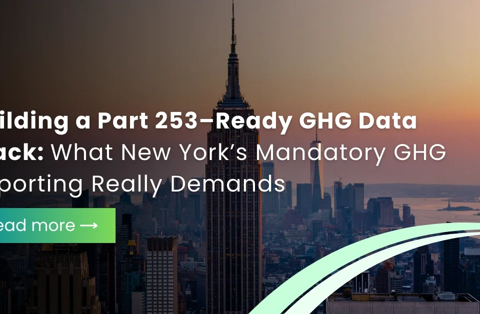 New York skyline background with text regarding Part 253 mandatory GHG reporting and building a GHG data stack.
