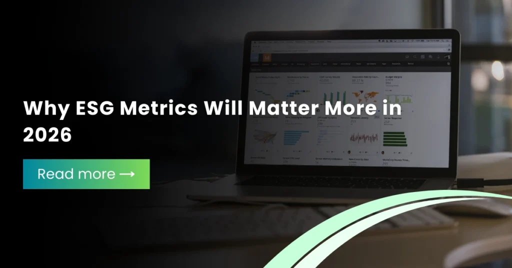 A laptop displaying data charts and analytics with a headline overlay: "Why ESG Metrics Will Matter More in 2026".