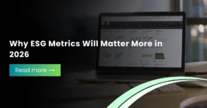A laptop displaying data charts and analytics with a headline overlay: "Why ESG Metrics Will Matter More in 2026".