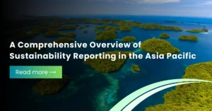 Aerial view of lush green tropical islands in the blue ocean representing Asia Pacific environmental sustainability and corporate reporting