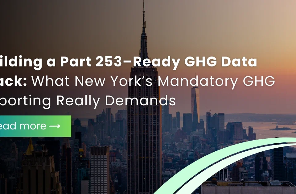 The New York City skyline at sunset featuring the Empire State Building, illustrating a guide to Part 253-ready GHG data stacks.