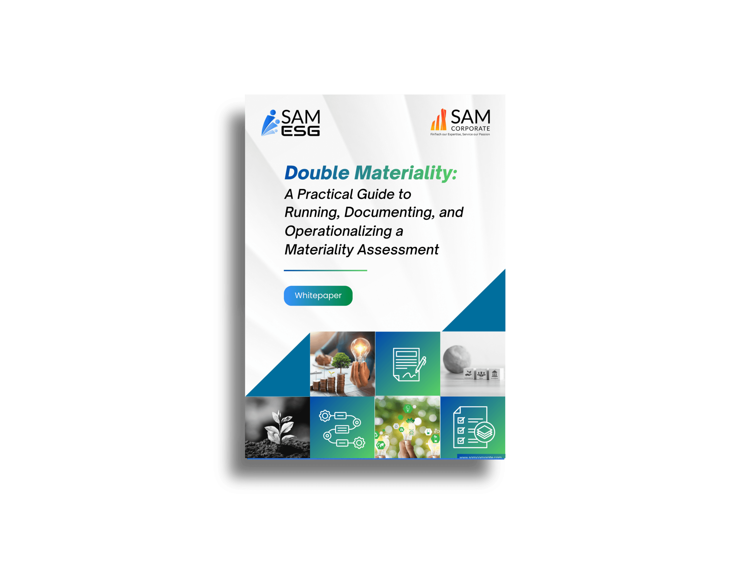 Mockup of a whitepaper by SAM ESG titled "Double Materiality: A Practical Guide to Running, Documenting, and Operationalizing a Materiality Assessment."