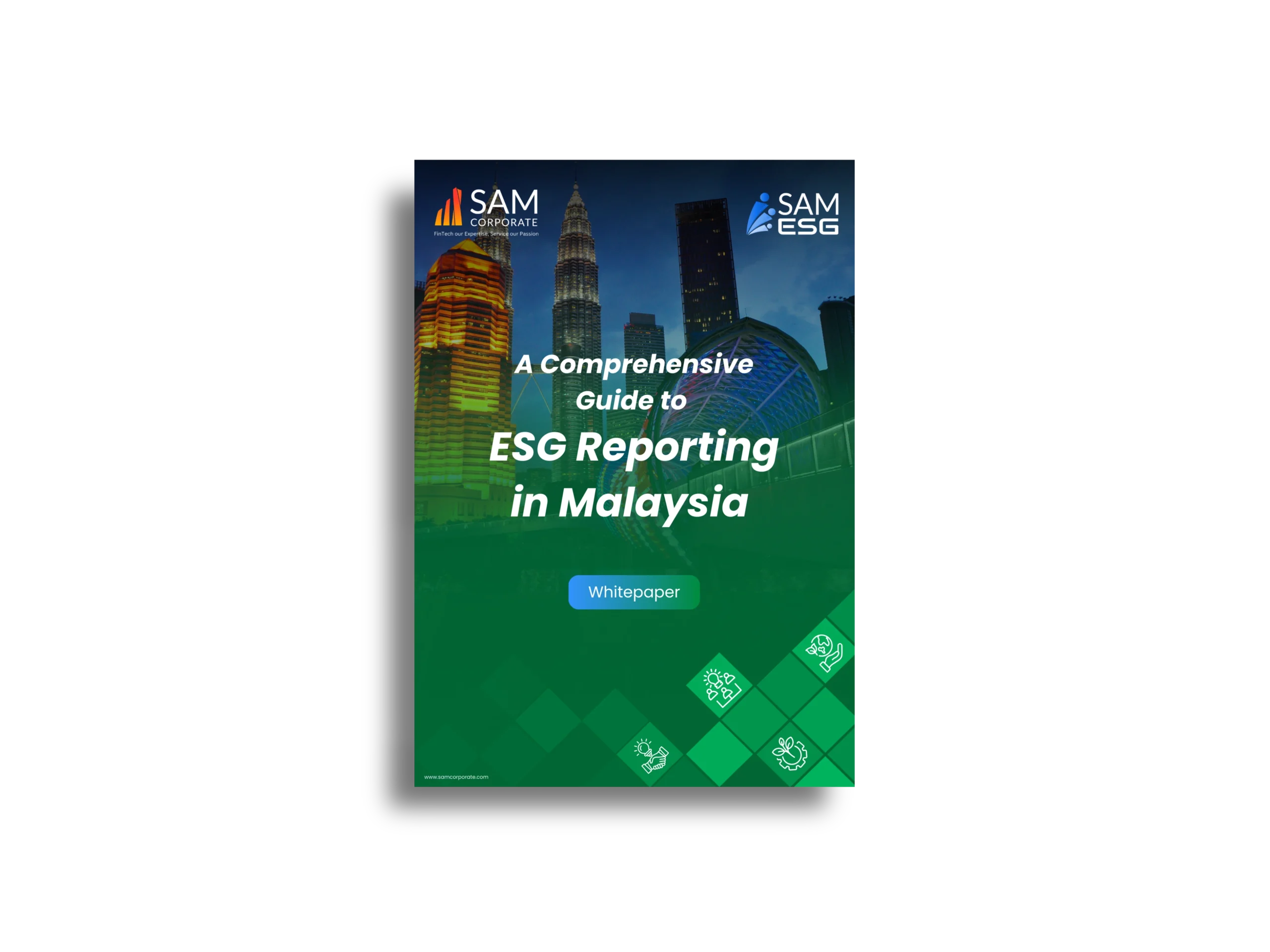 Cover of the SAM ESG whitepaper titled "A Comprehensive Guide to ESG Reporting in Malaysia" featuring the Kuala Lumpur skyline and Petronas Twin Towers.