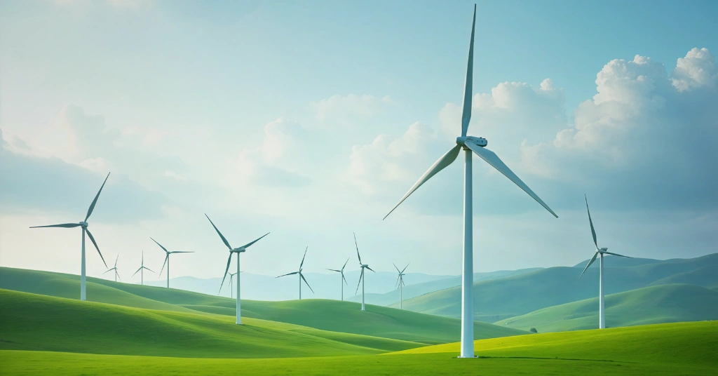 Large white wind turbines generating clean energy on rolling green hills under a bright sky, symbolizing sustainable infrastructure.