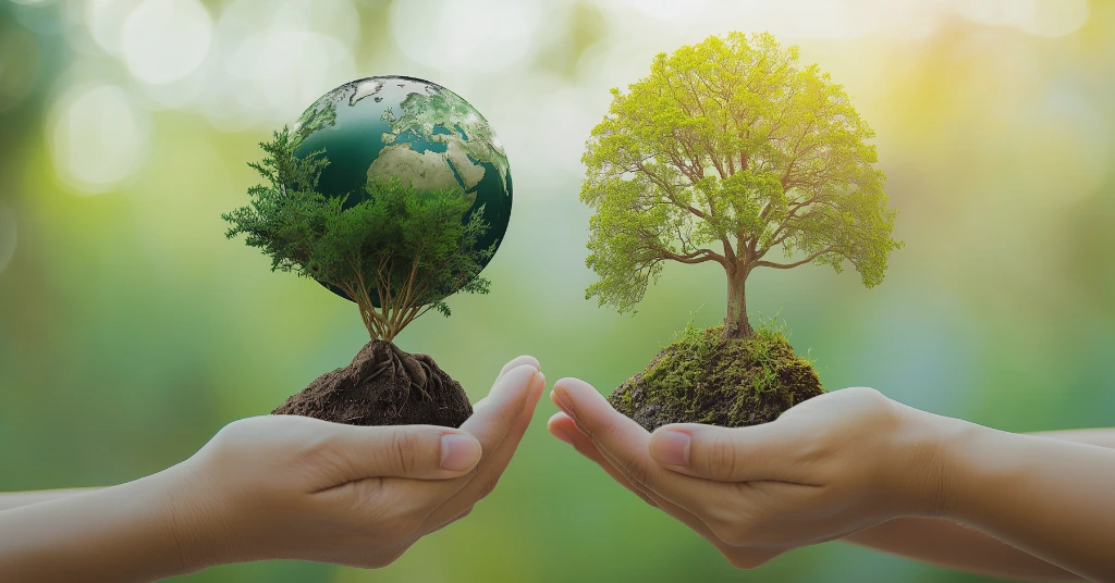 Two hands holding a small globe with a tree growing from it and a separate sapling, symbolizing global reforestation and environmental protection.