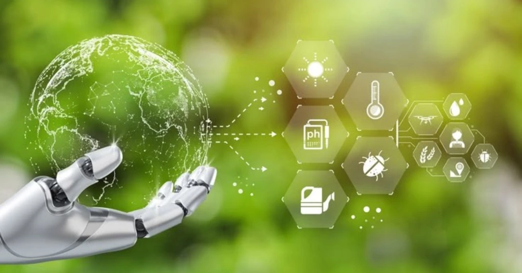 Robotic hand holding a digital globe with environmental icons for pH, temperature, and sunlight on a green background.