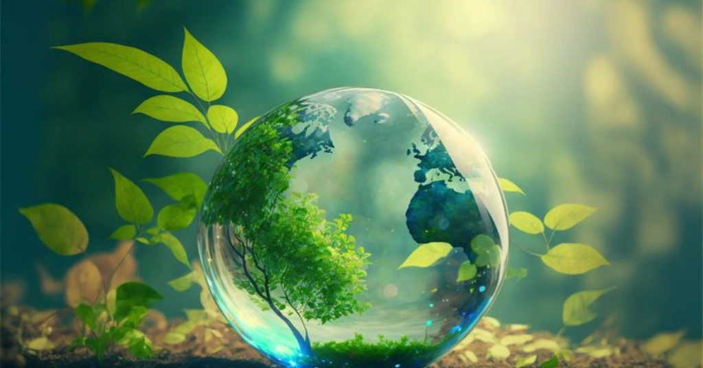 Sustainable ESG concept showing a glass globe with a green tree inside and lush leaves.