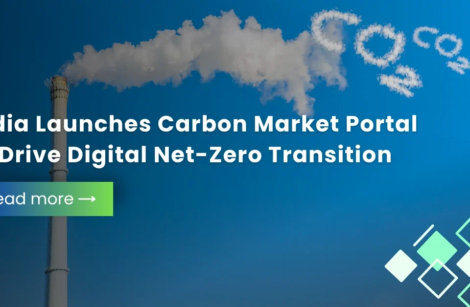 Industrial chimney with white smoke clouds shaped like CO2 symbols, announcing India's Carbon Market Portal launch.