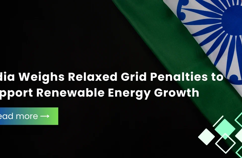 Indian national flag background with text about India relaxing grid penalties to support renewable energy growth.