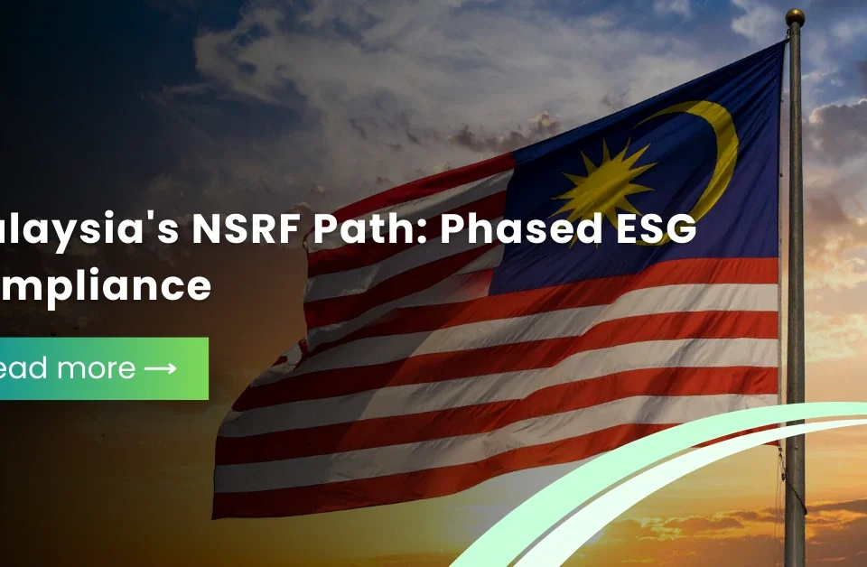The Malaysian national flag waving at sunset with a text overlay about the National Sustainability Reporting Framework (NSRF) and phased ESG compliance.