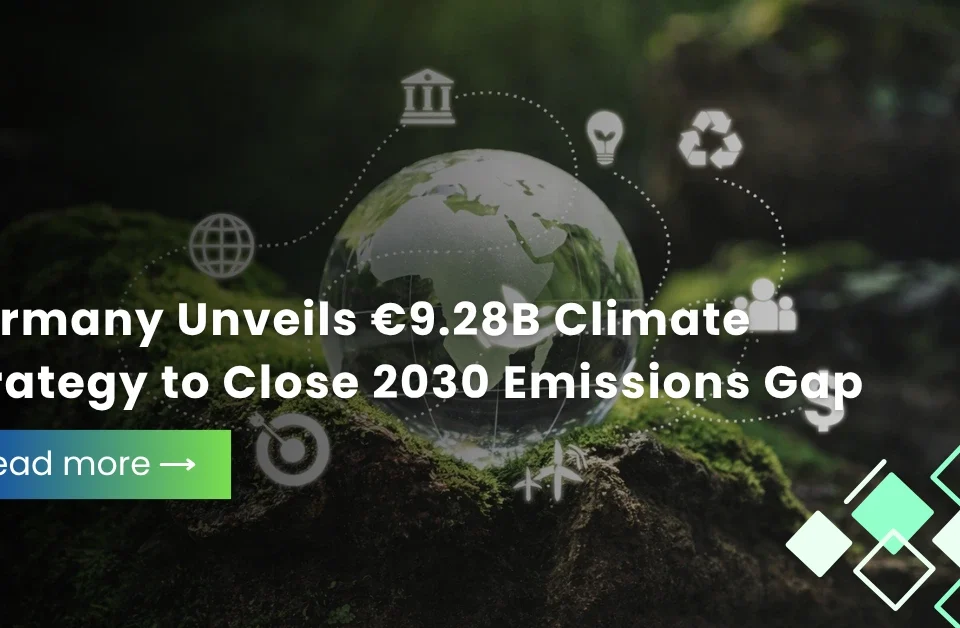 Germany's €9.28B climate strategy banner with glass globe and sustainability icons.