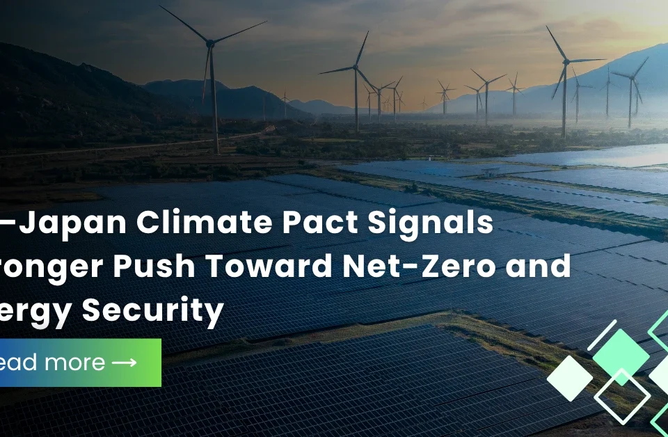 Landscape of a solar panel farm and wind turbines at sunset representing the EU-Japan climate pact for net-zero energy.