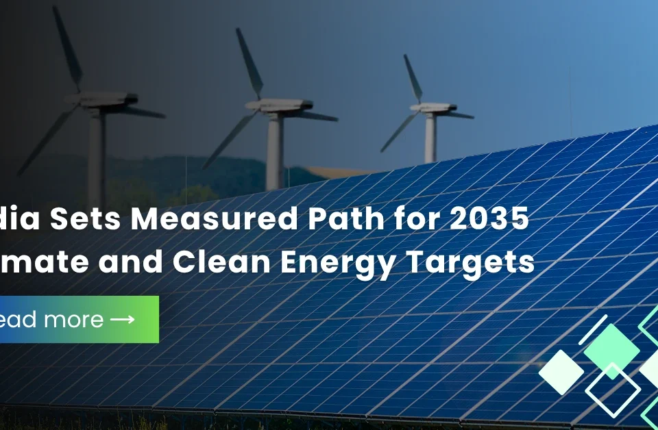 Large-scale solar panel array and wind turbines illustrating India’s 2035 clean energy and climate path.