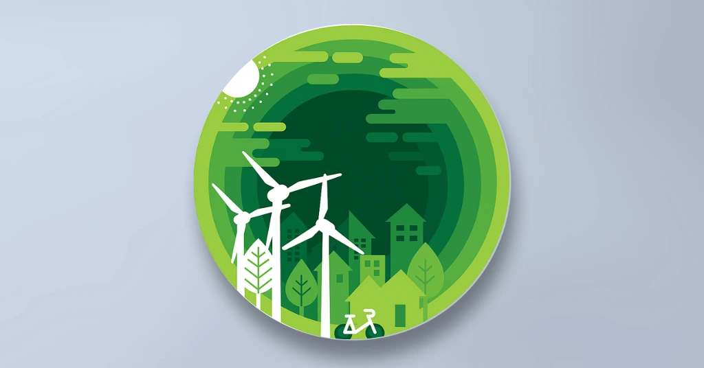 A circular green paper-cut style illustration featuring wind turbines, solar elements, a bicycle, and a sustainable city skyline to represent environmental conservation.